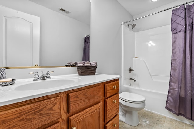 full bathroom with vanity, toilet, and shower / bathtub combination with curtain