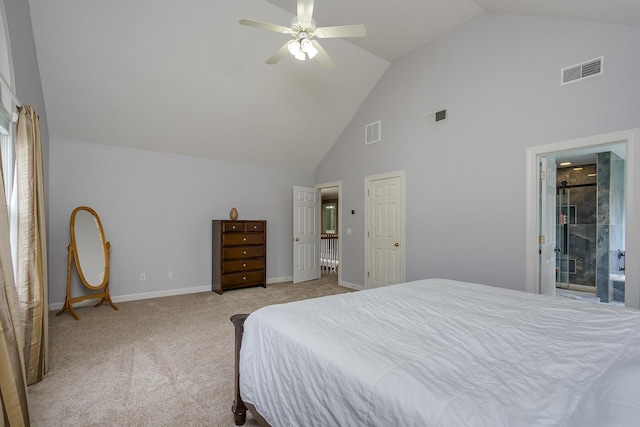 carpeted bedroom with high vaulted ceiling, baseboards, and ceiling fan