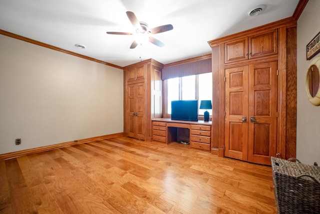 319 Fifth St, Paintsville, KY 41240 - unfurnished living room featuring ornamental molding, ceiling fan, light wood-style floors, and baseboards