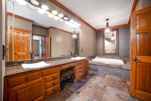 319 Fifth St, Paintsville, KY 41240 - bathroom with a bath, double vanity, stone finish floors, and crown molding