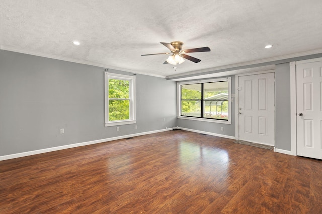 3131 Lily Rd, London, KY 40744 - empty room featuring ceiling fan, ornamental molding, baseboards, dark wood-style floors, and recessed lighting