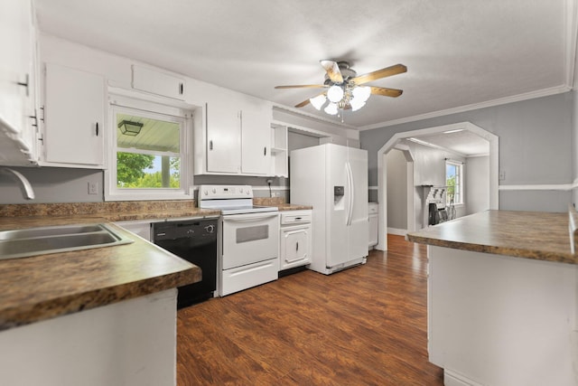 3131 Lily Rd, London, KY 40744 - kitchen with white appliances, a sink, a ceiling fan, white cabinets, and crown molding