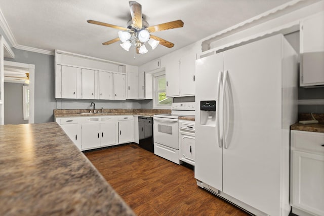 3131 Lily Rd, London, KY 40744 - kitchen featuring white appliances, ceiling fan, white cabinets, dark wood-style floors, and ornamental molding
