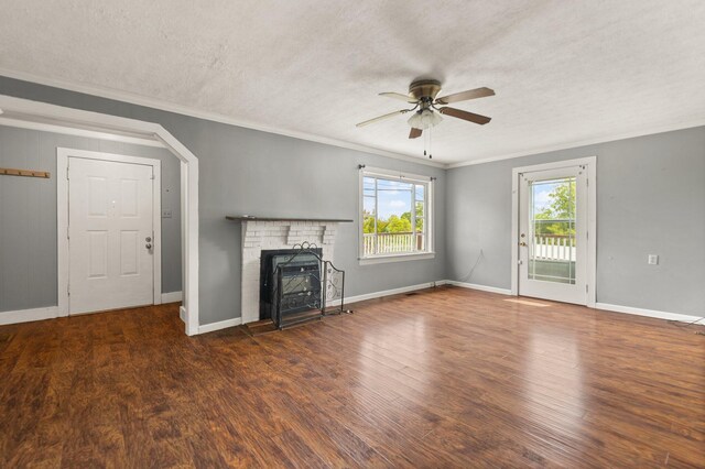 3131 Lily Rd, London, KY 40744 - unfurnished living room with ceiling fan, a fireplace, ornamental molding, a textured ceiling, and wood finished floors