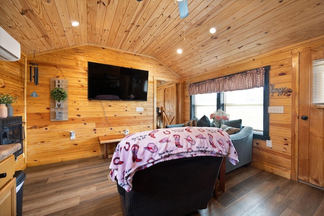 266 Boaters Aly, Nancy, KY 42544 - bedroom with vaulted ceiling, wooden walls, wooden ceiling, dark wood-type flooring, and a wall mounted AC