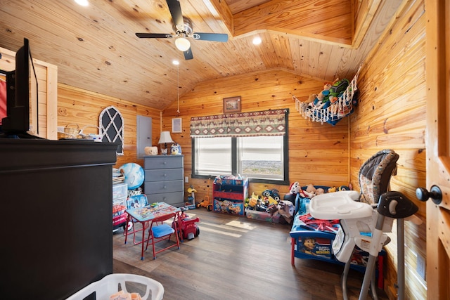 266 Boaters Aly, Nancy, KY 42544 - game room featuring wood walls, lofted ceiling, wood ceiling, a ceiling fan, and wood finished floors