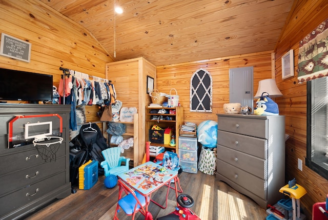 266 Boaters Aly, Nancy, KY 42544 - bedroom with lofted ceiling, wooden walls, wood finished floors, and wooden ceiling