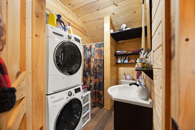 266 Boaters Aly, Nancy, KY 42544 - washroom with estacked washer and dryer, wood finished floors, wood ceiling, wood walls, and a sink