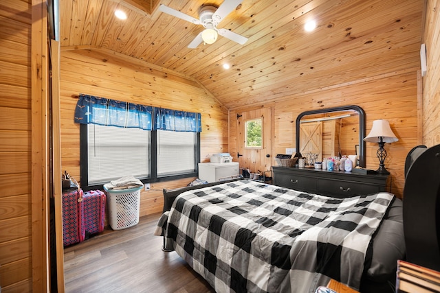 266 Boaters Aly, Nancy, KY 42544 - bedroom featuring vaulted ceiling, wooden walls, wooden ceiling, wood finished floors, and recessed lighting