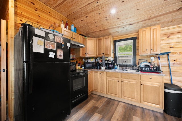 266 Boaters Aly, Nancy, KY 42544 - kitchen featuring black appliances, a sink, wood ceiling, under cabinet range hood, and light brown cabinets
