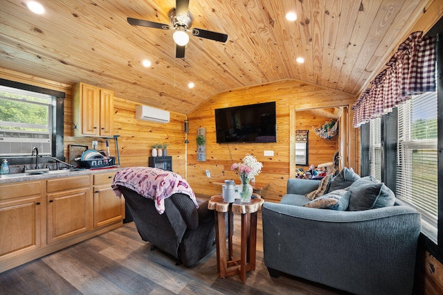 266 Boaters Aly, Nancy, KY 42544 - living area featuring lofted ceiling, wood ceiling, wood walls, a wall mounted AC, and dark wood-style floors