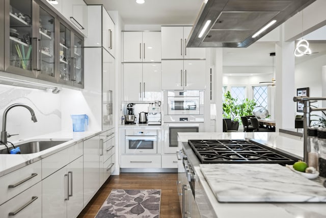 1782 W Leestown Rd, Midway, KY 40347 - kitchen with a sink, modern cabinets, extractor fan, dark wood-style floors, and light stone countertops
