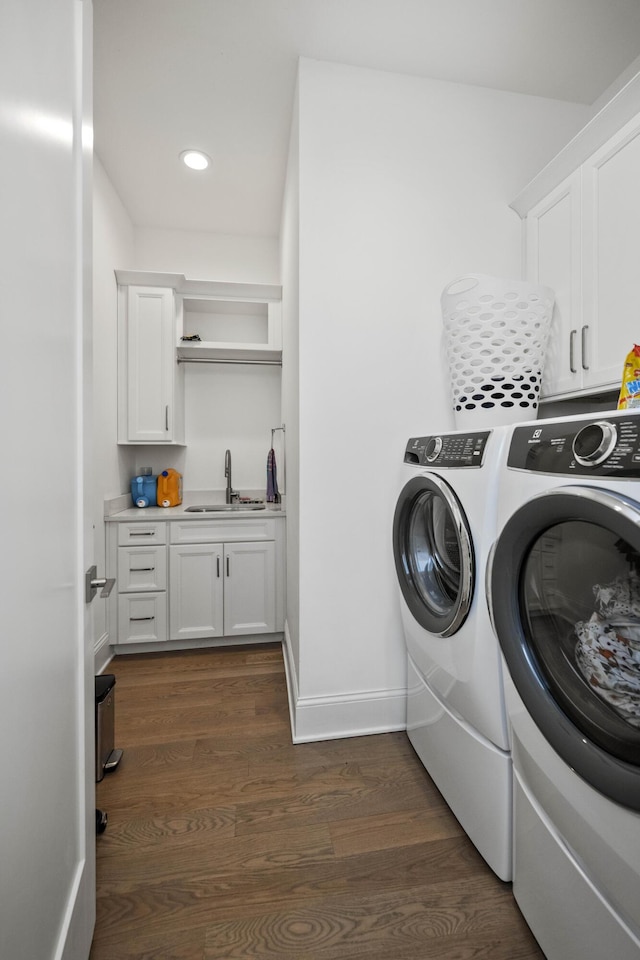 1782 W Leestown Rd, Midway, KY 40347 - laundry area with washing machine and clothes dryer, cabinet space, recessed lighting, dark wood-style floors, and baseboards