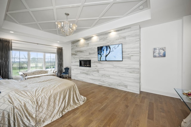 1782 W Leestown Rd, Midway, KY 40347 - bedroom with an accent wall, coffered ceiling, wood finished floors, a chandelier, and baseboards