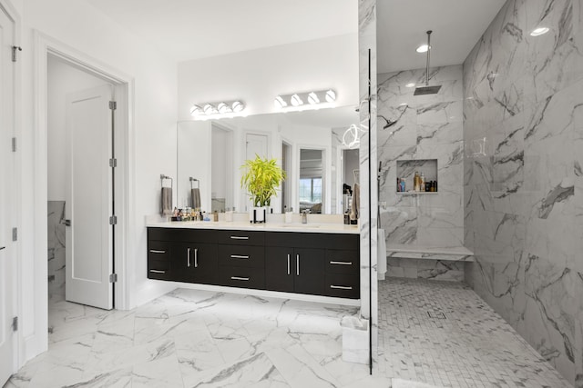1782 W Leestown Rd, Midway, KY 40347 - full bathroom with double vanity, a marble finish shower, marble finish floors, and recessed lighting