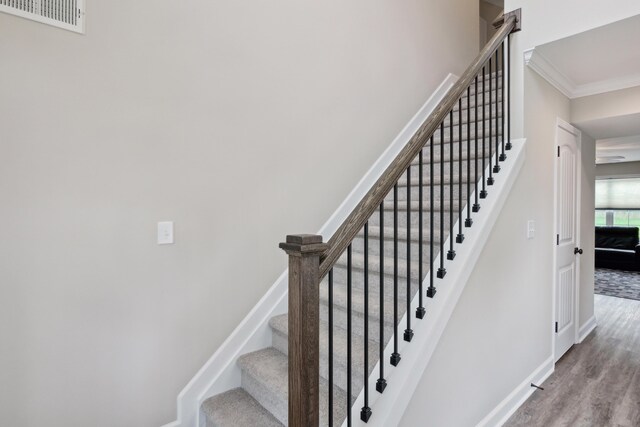 140 Peaceful Lndg, Georgetown, KY 40324 - stairway with crown molding, baseboards, and wood finished floors