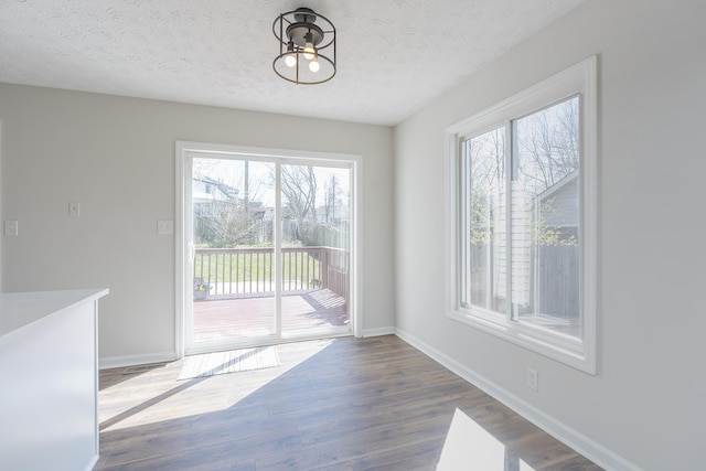 unfurnished dining area featuring healthy amount of natural light, wood finished floors, baseboards, and a textured ceiling