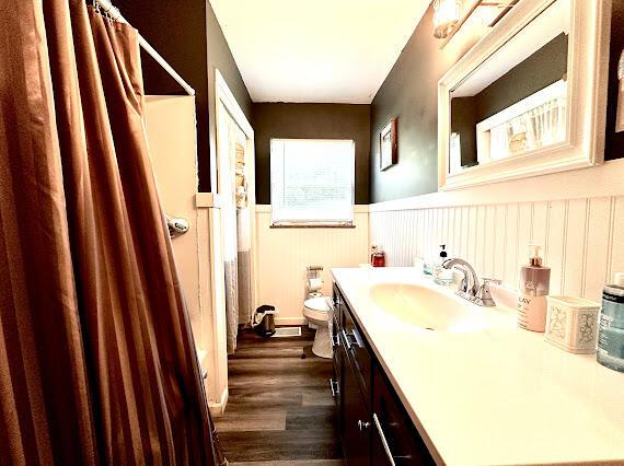 4216 N Ky 11, Cannon, KY 40923 - full bathroom with wainscoting, wood finished floors, vanity, toilet, and a shower with curtain