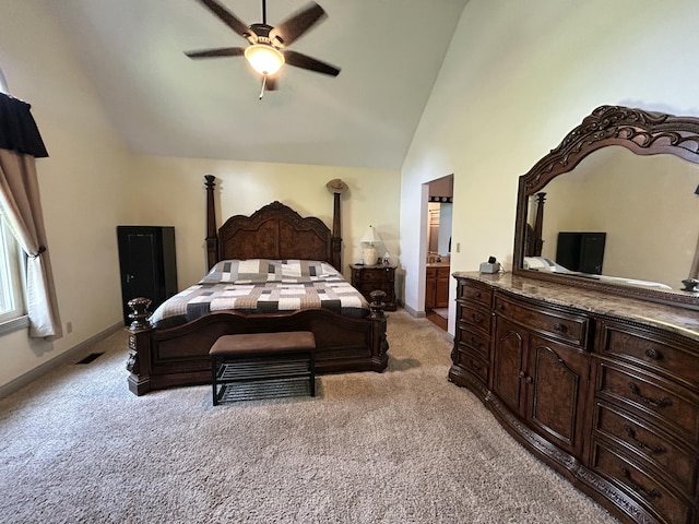 296 Ferry Rd, Somerset, KY 42503 - bedroom with high vaulted ceiling, light carpet, baseboards, ceiling fan, and ensuite bath