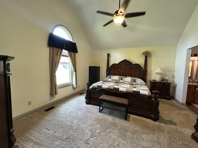 296 Ferry Rd, Somerset, KY 42503 - bedroom featuring carpet, high vaulted ceiling, baseboards, ceiling fan, and connected bathroom