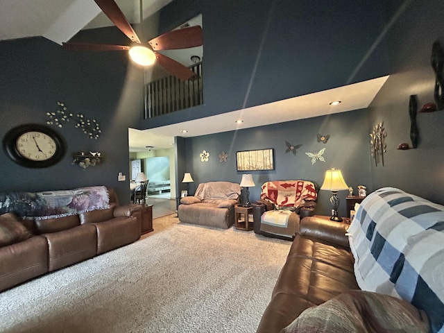 296 Ferry Rd, Somerset, KY 42503 - carpeted living area featuring ceiling fan and a towering ceiling