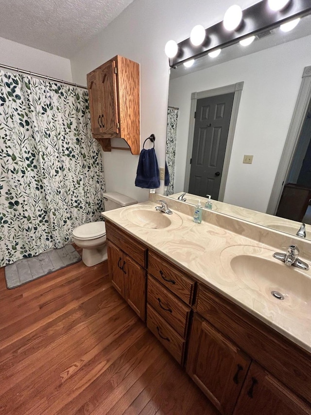 296 Ferry Rd, Somerset, KY 42503 - full bath with wood finished floors, toilet, double vanity, a textured ceiling, and a shower with shower curtain