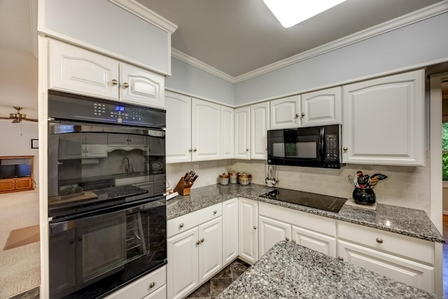 445 Cecilian Ter, Danville, KY 40422 - kitchen featuring black appliances, ornamental molding, decorative backsplash, stone counters, and white cabinets