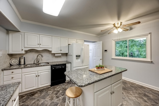 445 Cecilian Ter, Danville, KY 40422 - kitchen with dishwasher, white fridge with ice dispenser, a sink, a ceiling fan, and stone countertops