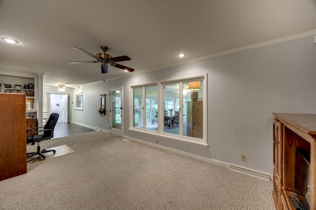 445 Cecilian Ter, Danville, KY 40422 - unfurnished office featuring a ceiling fan, dark carpet, ornamental molding, recessed lighting, and baseboards