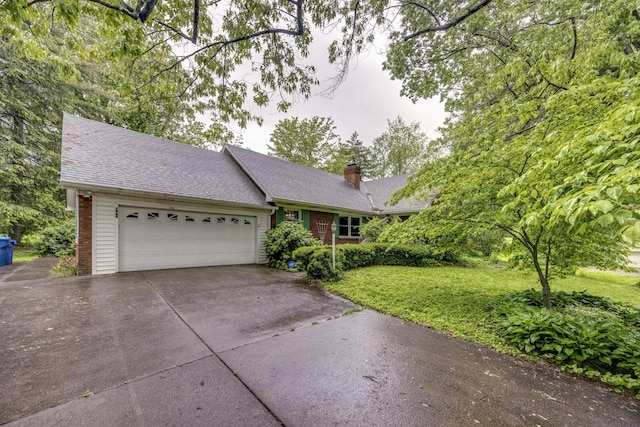 445 Cecilian Ter, Danville, KY 40422 - ranch-style home with concrete driveway, a chimney, a garage, a front yard, and roof with shingles