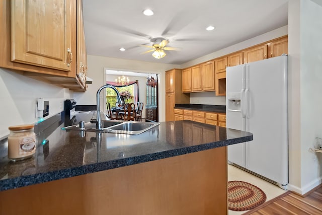 240 Percheron Dr, Richmond, KY 40475 - kitchen with white fridge with ice dispenser, a sink, a peninsula, ceiling fan, and recessed lighting
