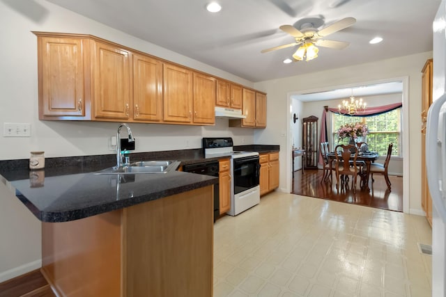 240 Percheron Dr, Richmond, KY 40475 - kitchen featuring white electric range, a sink, under cabinet range hood, black dishwasher, and a peninsula