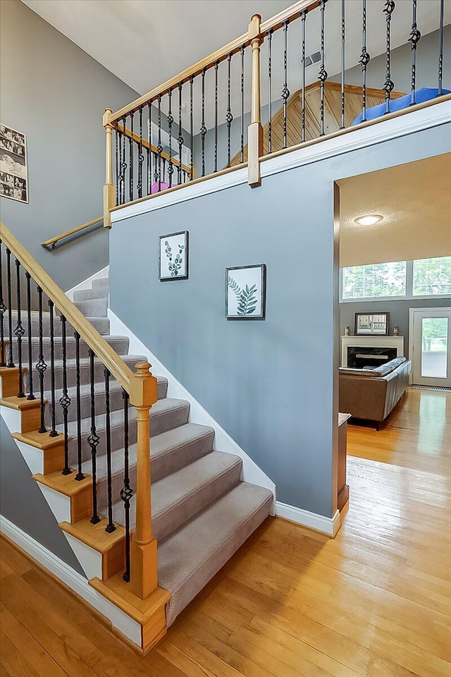 835 Isaac Shelby Cir, Frankfort, KY 40601 - stairs with hardwood / wood-style floors, baseboards, and a high ceiling