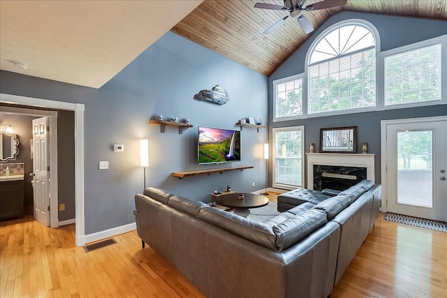 835 Isaac Shelby Cir, Frankfort, KY 40601 - living room featuring ceiling fan, light wood-type flooring, baseboards, a premium fireplace, and high vaulted ceiling