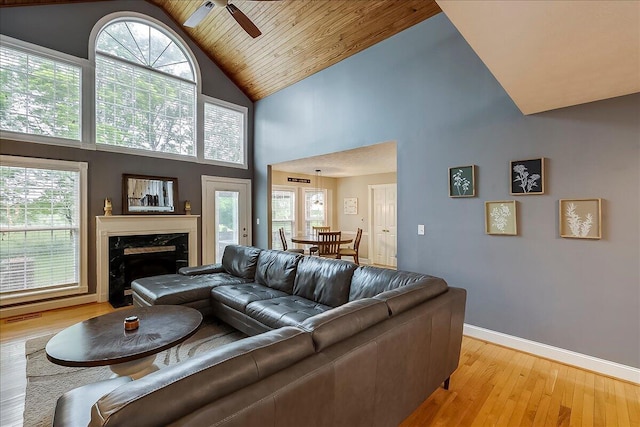 835 Isaac Shelby Cir, Frankfort, KY 40601 - living area featuring high vaulted ceiling, a ceiling fan, light wood-style flooring, baseboards, and healthy amount of natural light