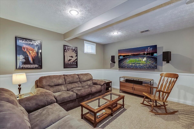 835 Isaac Shelby Cir, Frankfort, KY 40601 - carpeted living room featuring a textured ceiling, beam ceiling, and baseboards