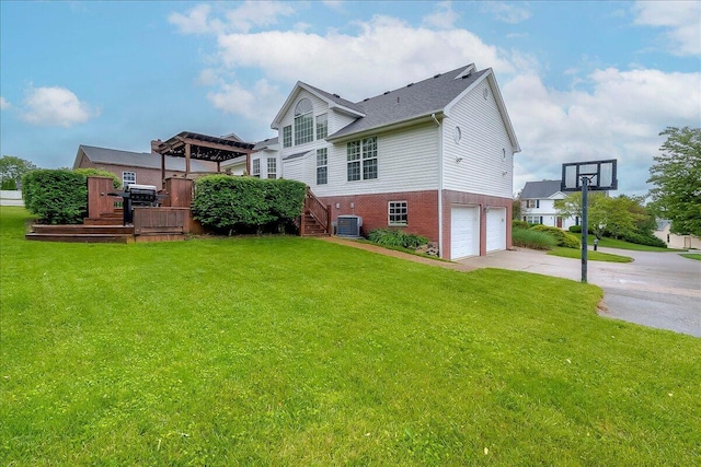 835 Isaac Shelby Cir, Frankfort, KY 40601 - view of side of home featuring brick siding, concrete driveway, an attached garage, a pergola, and a lawn