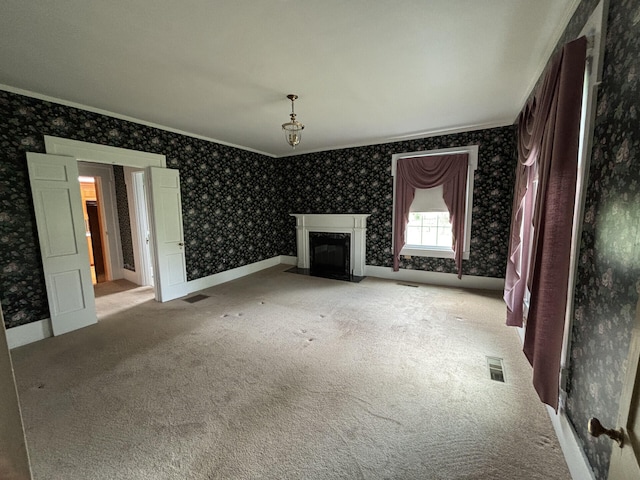 1439 Stanford St, Lancaster, KY 40444 - unfurnished living room featuring crown molding, wallpapered walls, a fireplace with flush hearth, and light colored carpet