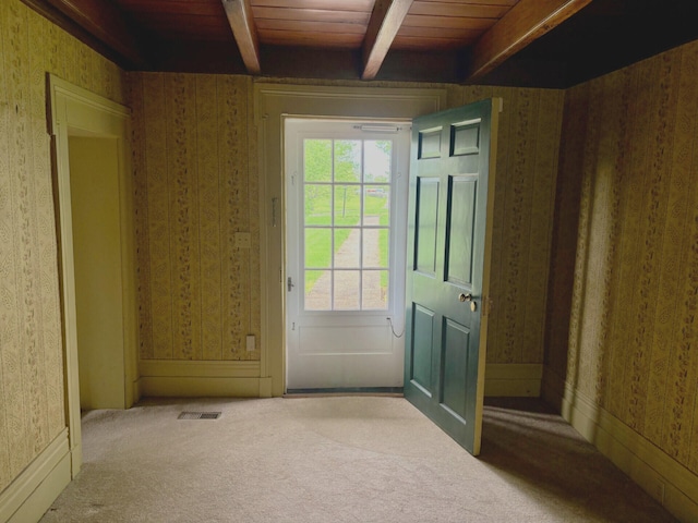 1439 Stanford St, Lancaster, KY 40444 - carpeted spare room featuring beamed ceiling, wallpapered walls, and wooden ceiling