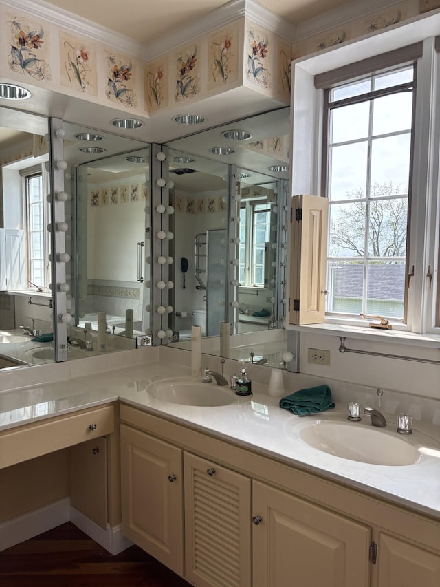 1439 Stanford St, Lancaster, KY 40444 - bathroom with healthy amount of natural light, double vanity, and crown molding