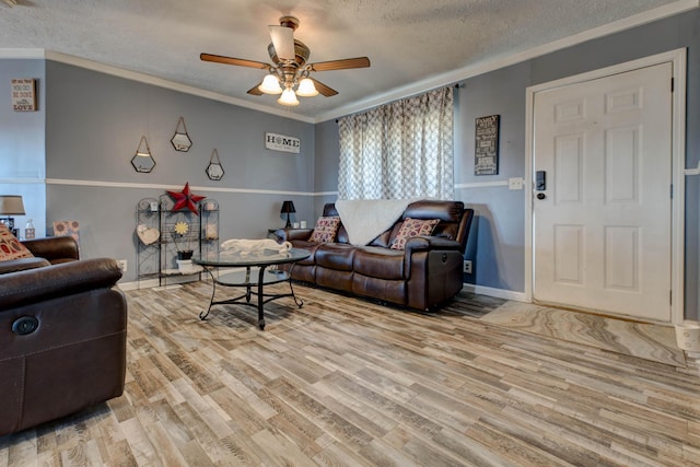 619 Routt Rd, Wallingford, KY 41093 - living room with a textured ceiling, a ceiling fan, wood finished floors, crown molding, and baseboards