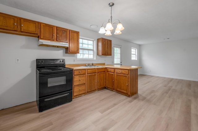 529 Joel St, Lexington, KY 40508 - kitchen featuring black / electric stove, under cabinet range hood, a peninsula, and light wood-style floors