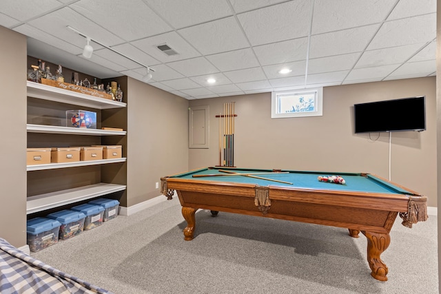 recreation room with carpet flooring, billiards, recessed lighting, baseboards, and a drop ceiling