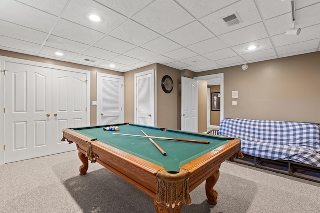 playroom featuring carpet floors, billiards table, recessed lighting, and a paneled ceiling
