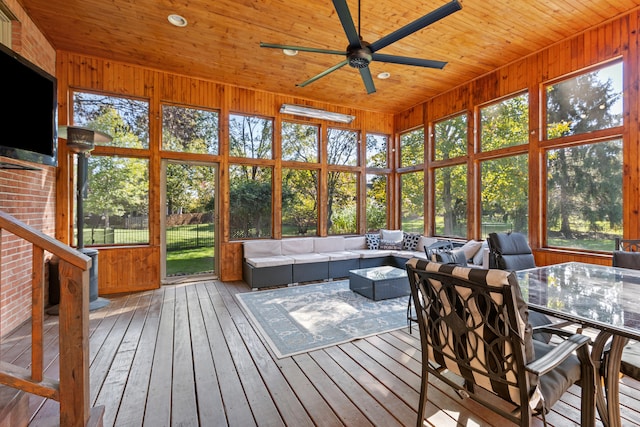 sunroom with a wooden deck, wood ceiling, wood-type flooring, and wooden walls