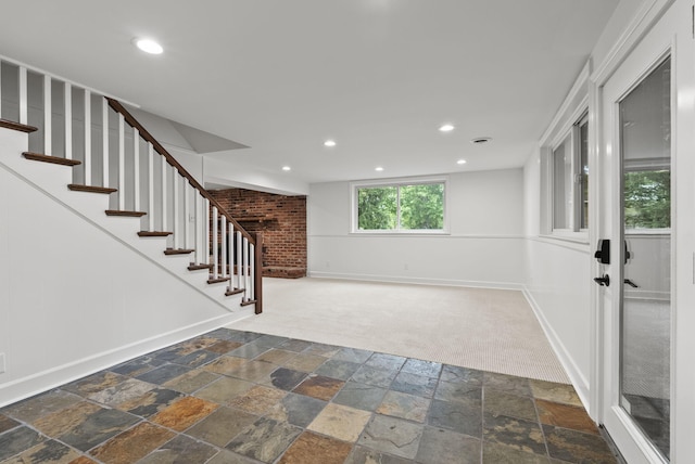 701 Old Dobbin Rd, Lexington, KY 40502 - foyer with baseboards, stone tile floors, stairs, recessed lighting, and dark carpet