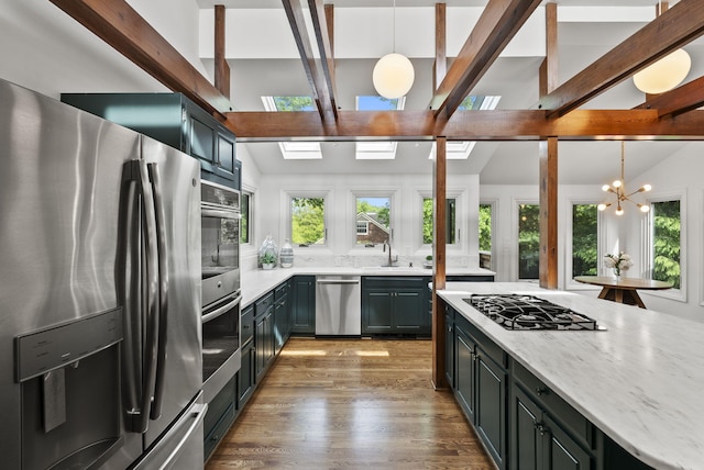 701 Old Dobbin Rd, Lexington, KY 40502 - kitchen featuring stainless steel appliances, plenty of natural light, beam ceiling, a chandelier, and a sink