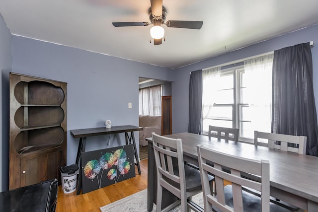 dining room with ceiling fan and wood finished floors
