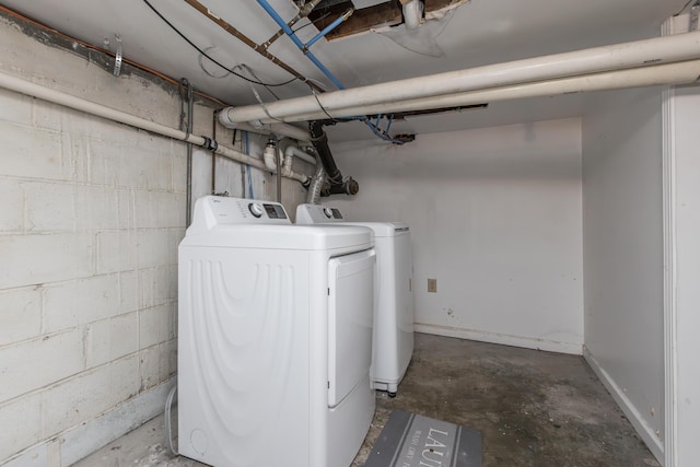 laundry area with washer and dryer and concrete block wall