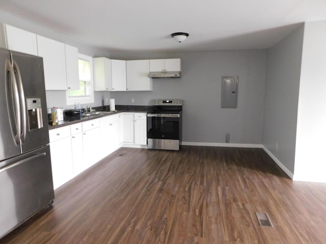 kitchen with stainless steel appliances, under cabinet range hood, dark wood-style floors, electric panel, and baseboards